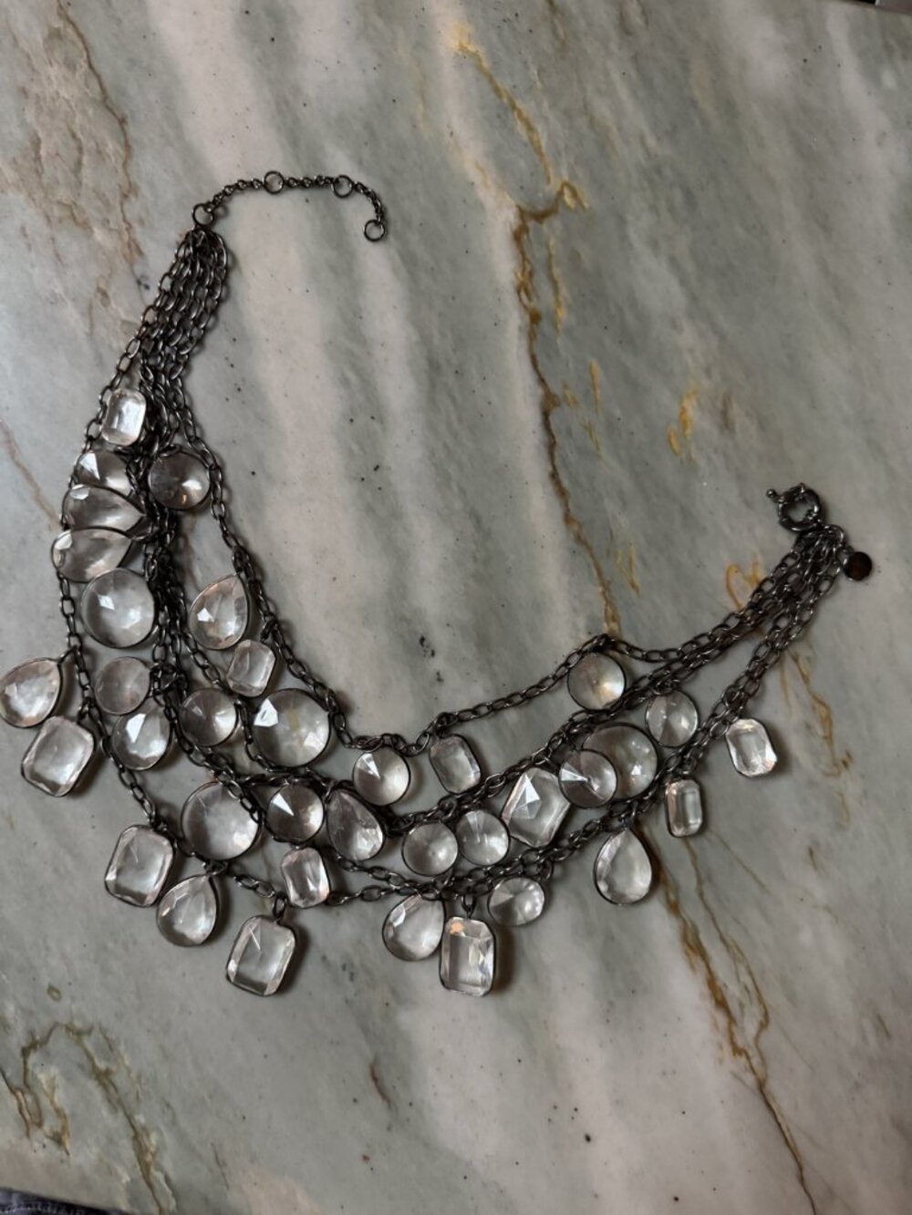 J.Crew Crystal Bib Statement Necklace Gunmetal Multi Strand Faceted Stones